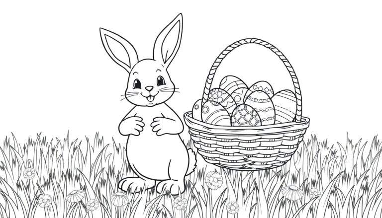Placa de color de un conejito de Pascua con una cesta de huevos de Pascua.