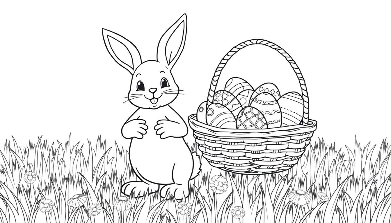 Placa de color de un conejito de Pascua con una cesta de huevos de Pascua.