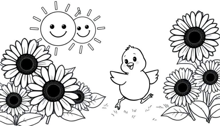 Pollito corriendo entre girasoles bajo dos soles sonrientes en una placa de color