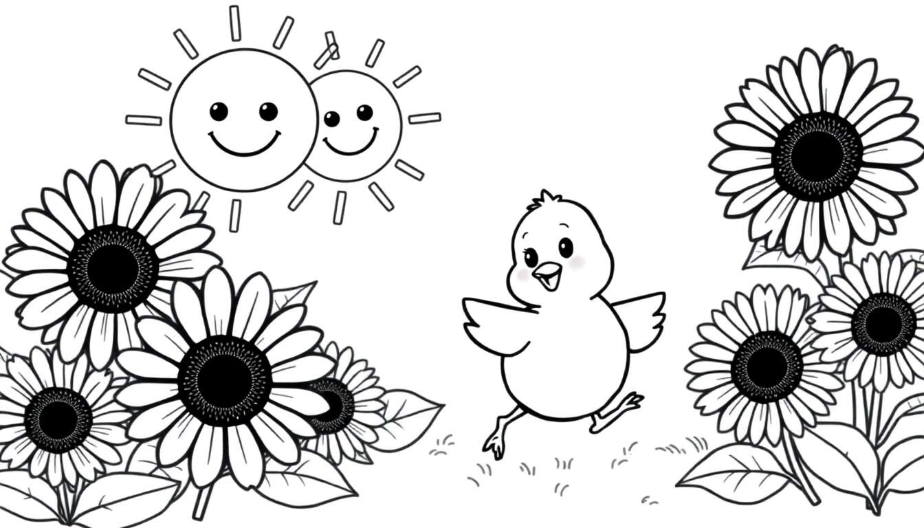 Pollito corriendo entre girasoles bajo dos soles sonrientes en una placa de color