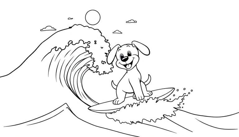 Placa de color: cachorro surfeando una ola