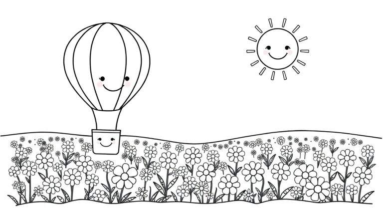 Placa de color de un globo aerostático feliz sobre un campo de flores y un sol sonriente.