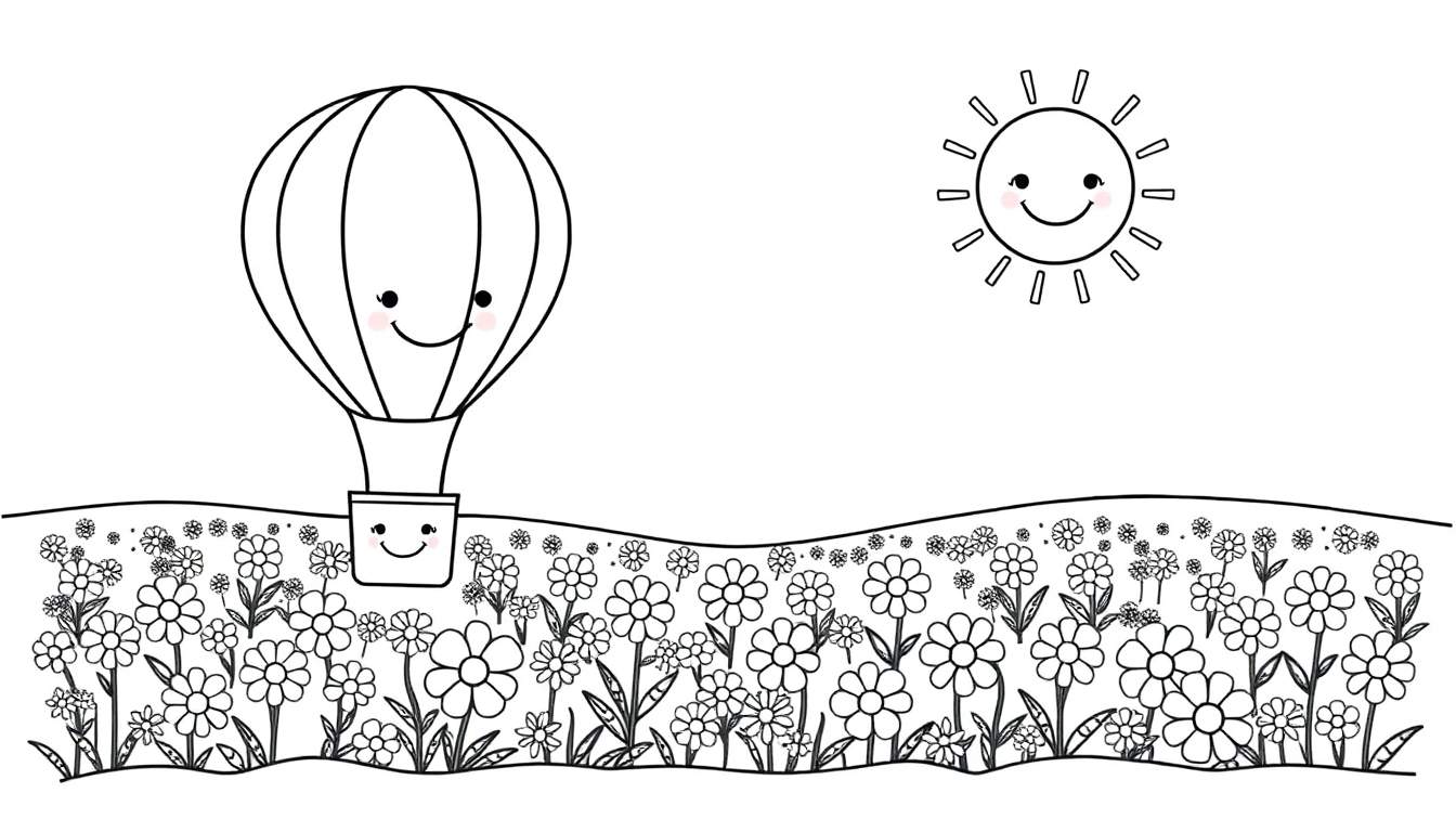 Placa de color de un globo aerostático feliz sobre un campo de flores y un sol sonriente.