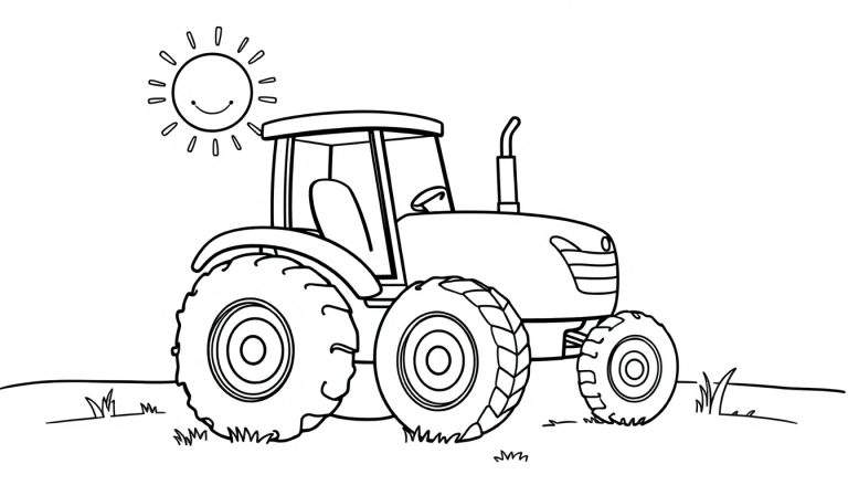 Placa de color de un tractor sonriente en un campo.