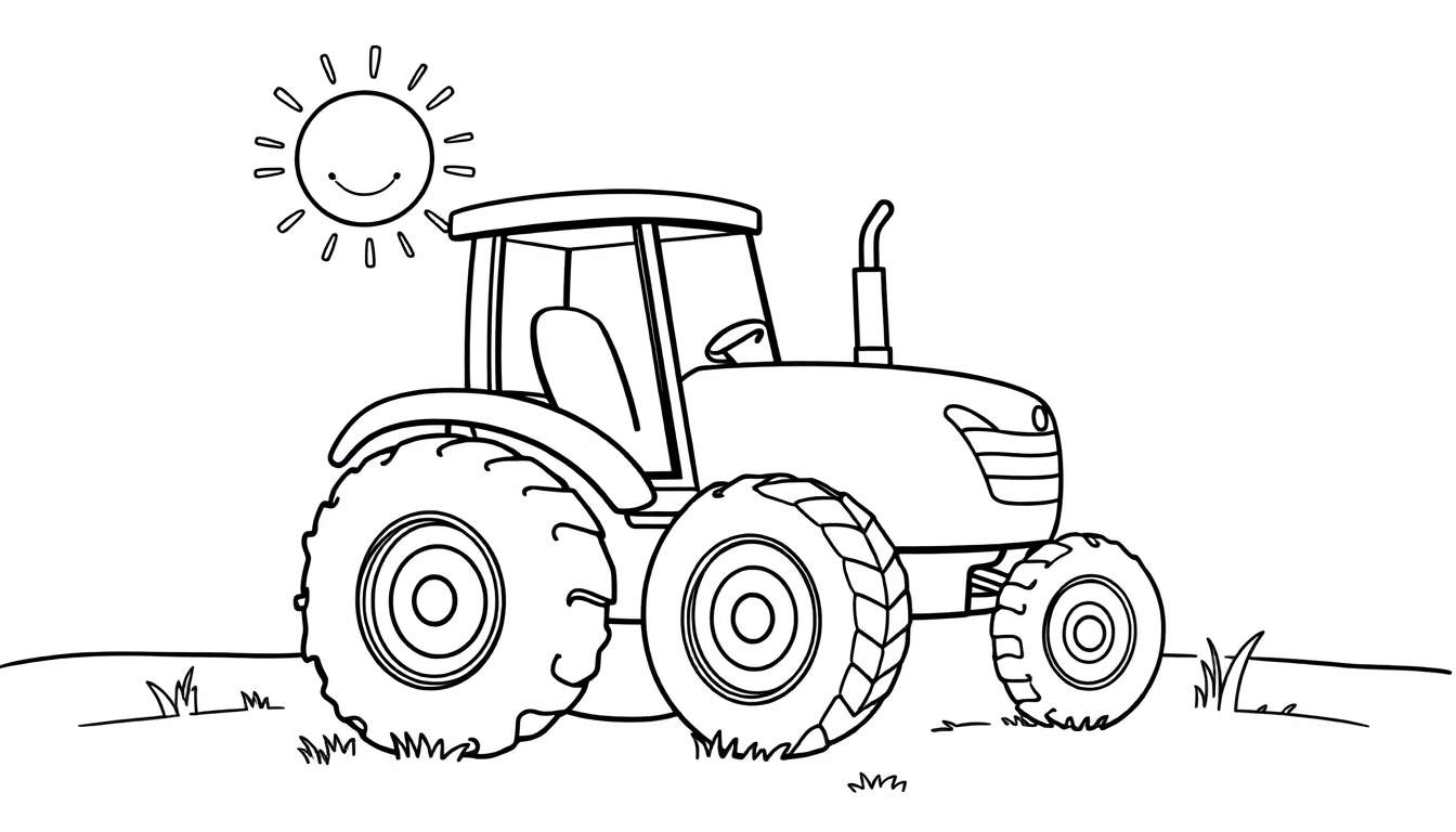 Placa de color de un tractor sonriente en un campo.