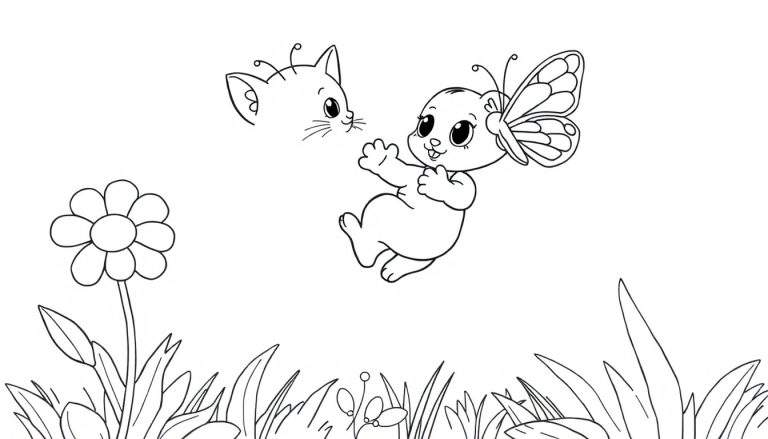 Placa de color con gatito y bebé persiguiendo una mariposa en un jardín.