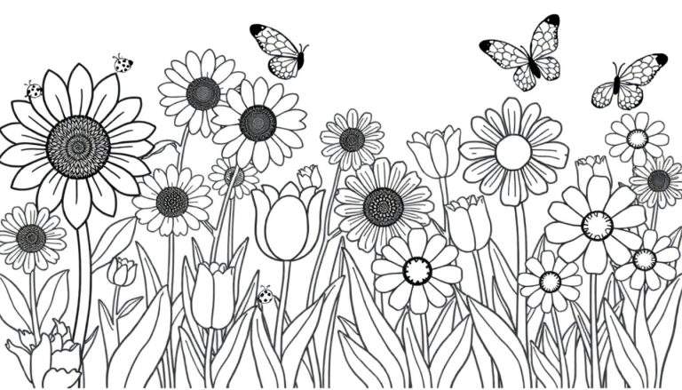 Placa de color de un campo de flores con girasoles, margaritas, tulipanes y mariposas volando.