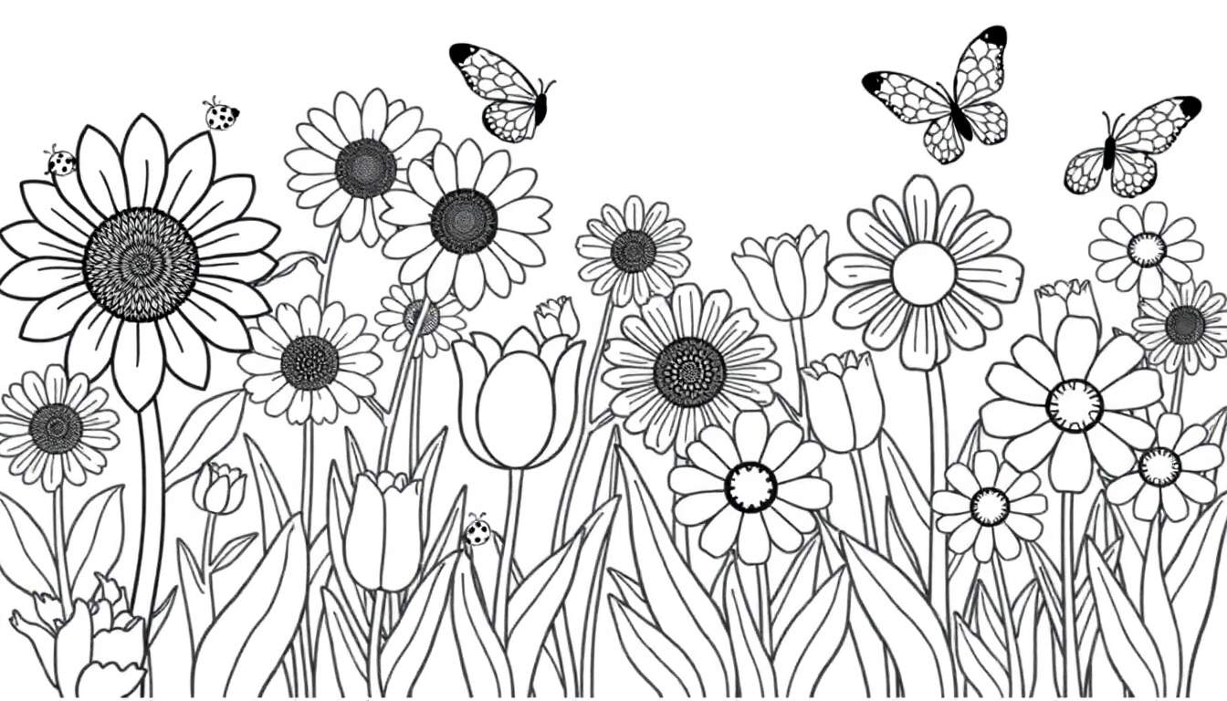 Placa de color de un campo de flores con girasoles, margaritas, tulipanes y mariposas volando.
