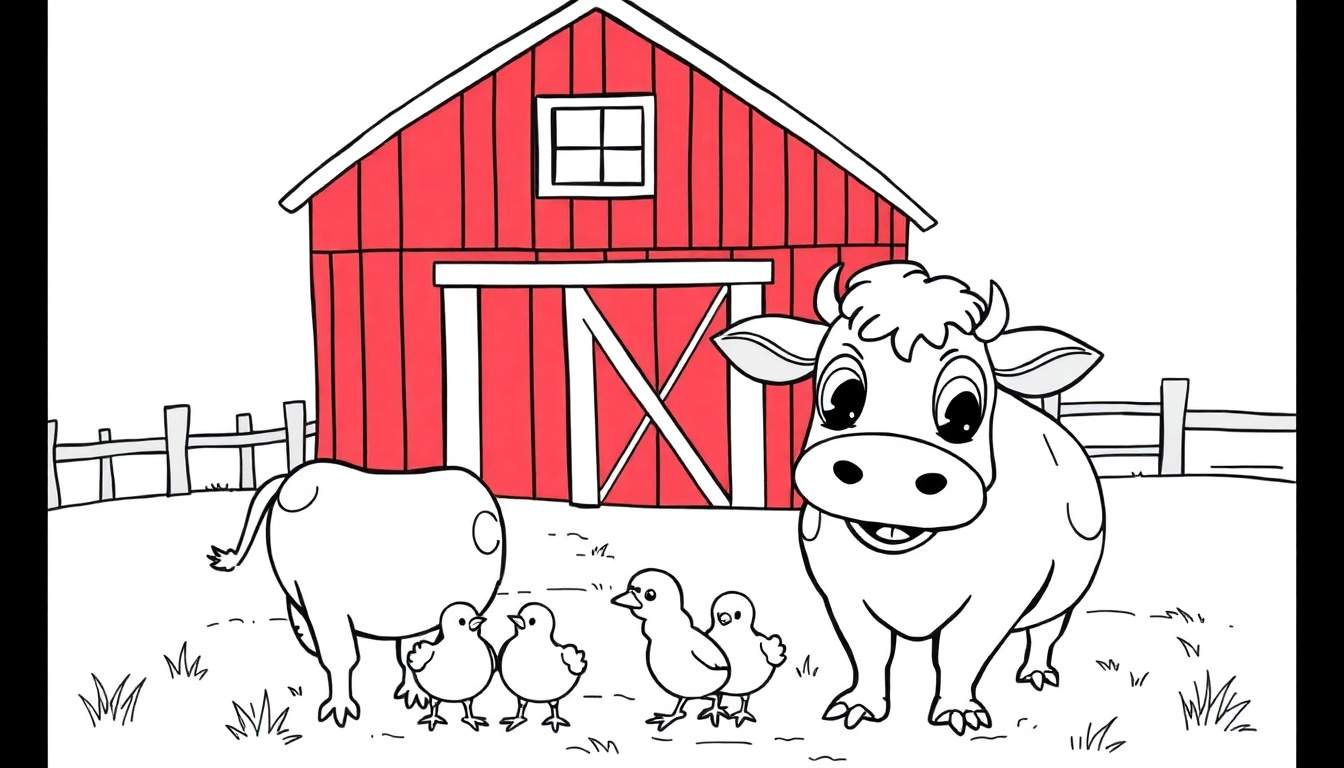 Placa de color de una granja con un granero rojo y una vaca sonriente.