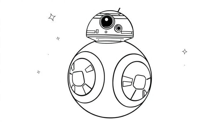 Placa de color de BB-8, el droide de Star Wars, con detalles lineales y circulares, listo para la aventura.