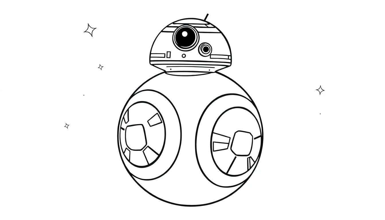 Placa de color de BB-8, el droide de Star Wars, con detalles lineales y circulares, listo para la aventura.