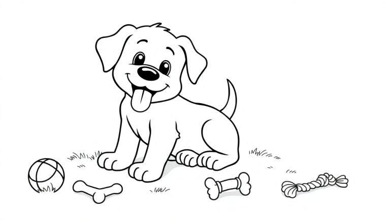 Una placa de color en blanco y negro de Bentley el cachorrito sentado con juguetes.