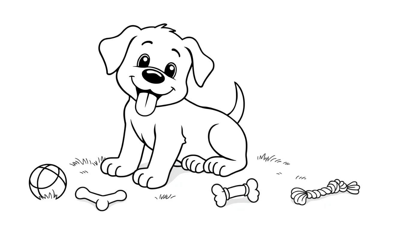 Una placa de color en blanco y negro de Bentley el cachorrito sentado con juguetes.