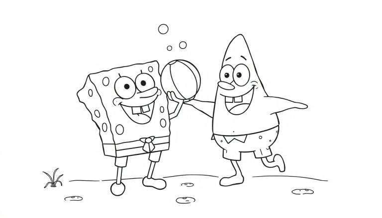 Placa de color de Bob Esponja y Patricio jugando a la pelota en la playa.