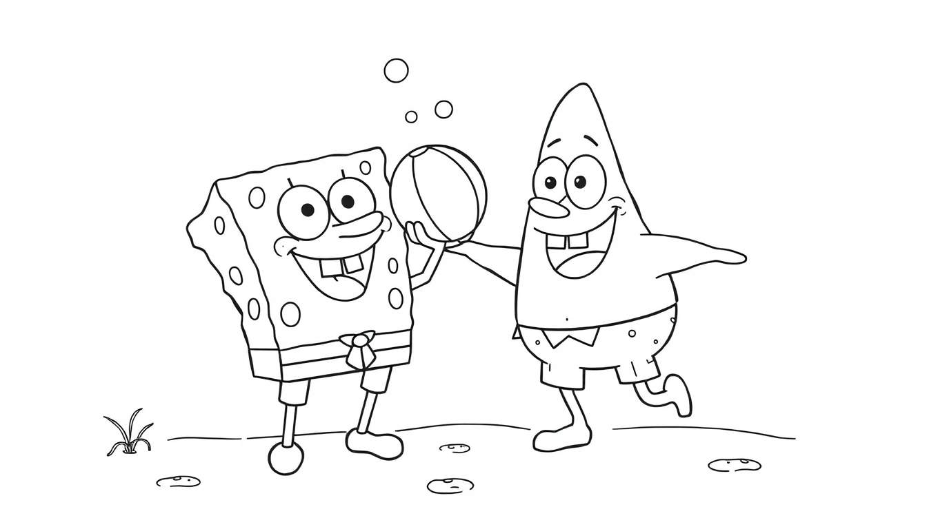 Placa de color de Bob Esponja y Patricio jugando a la pelota en la playa.