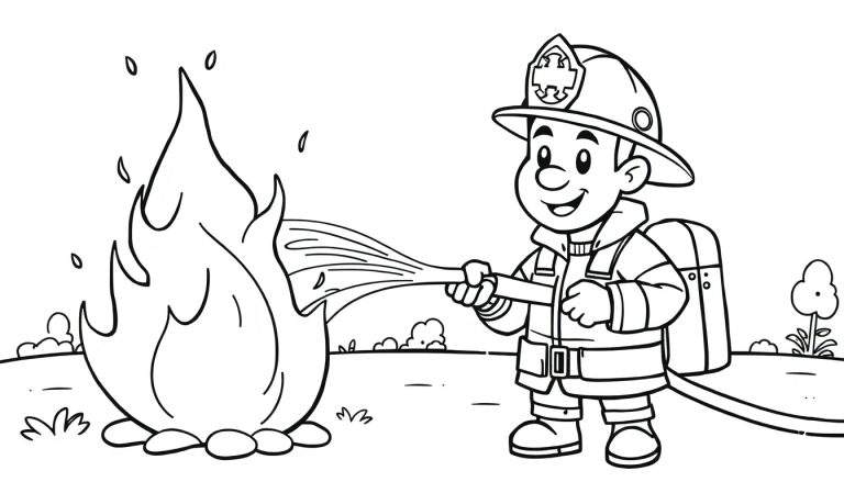 Una placa de color de un bombero caricaturesco sonriendo mientras apaga un fuego con una manguera.