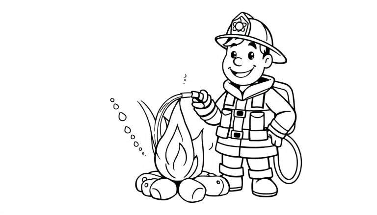 Placa de color de un bombero sonriente apagando un fuego.
