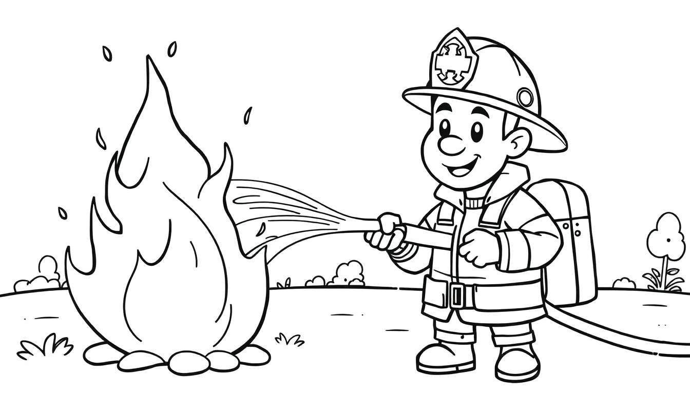 Una placa de color de un bombero caricaturesco sonriendo mientras apaga un fuego con una manguera.