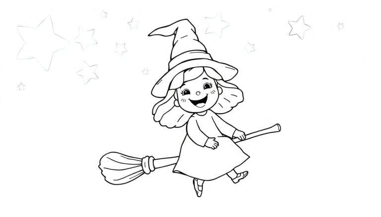 Una brujita en su escoba, lista para colorear en la placa de color.