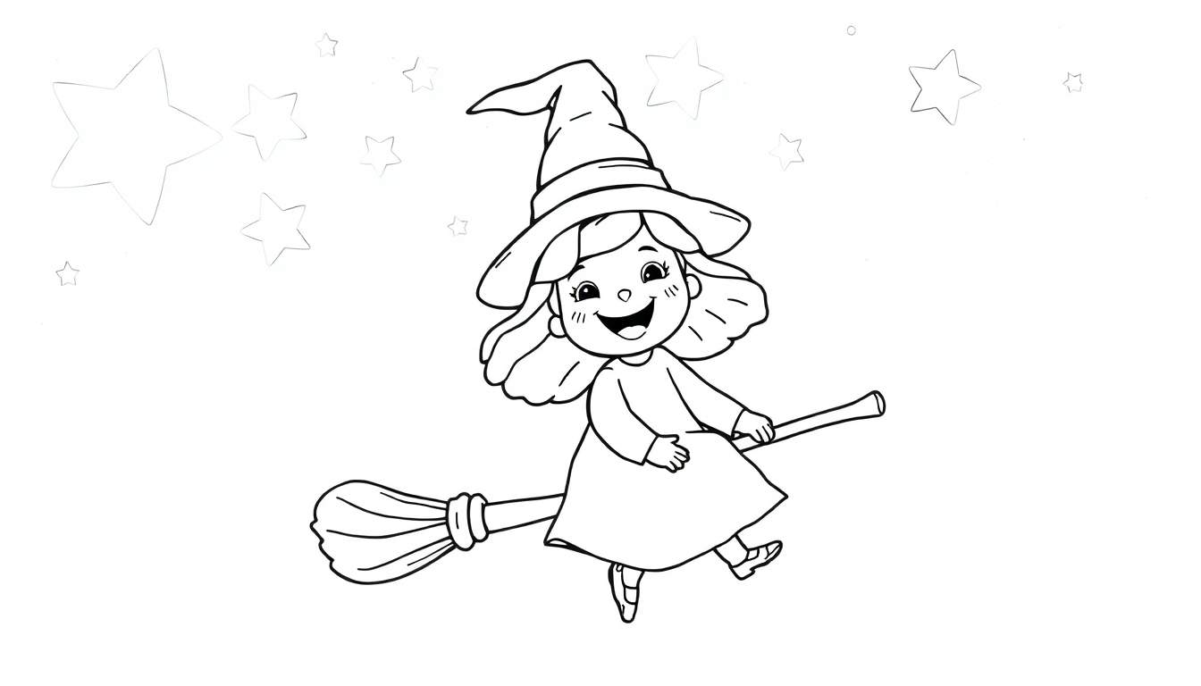 Una brujita en su escoba, lista para colorear en la placa de color.