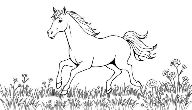 Placa de color de un caballo blanco galopando feliz por un campo de margaritas.