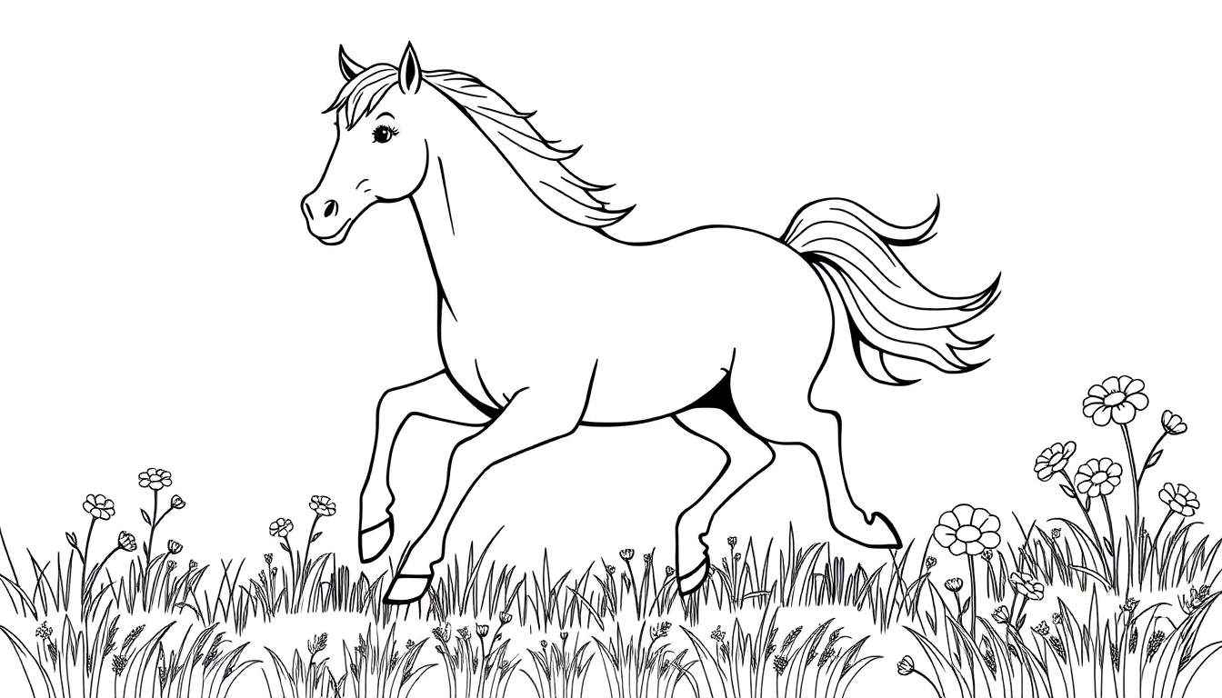 Placa de color de un caballo blanco galopando feliz por un campo de margaritas.