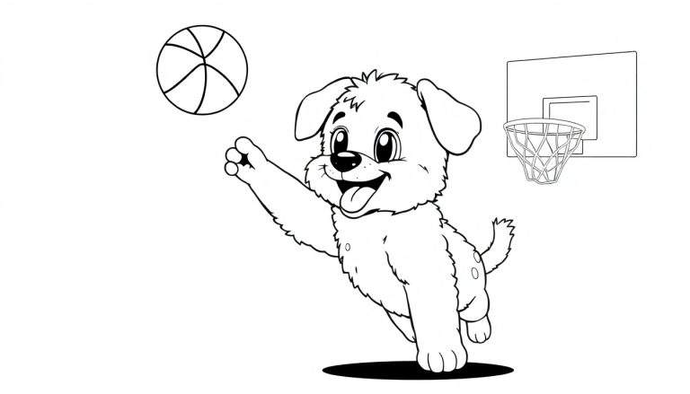 Placa de color: un cachorro jugando al baloncesto listo para colorear.