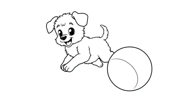 Placa de color de un cachorro juguetón persiguiendo una pelota.