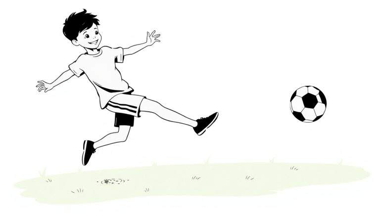 Placa de color: un niño pateando una pelota de fútbol en el aire.