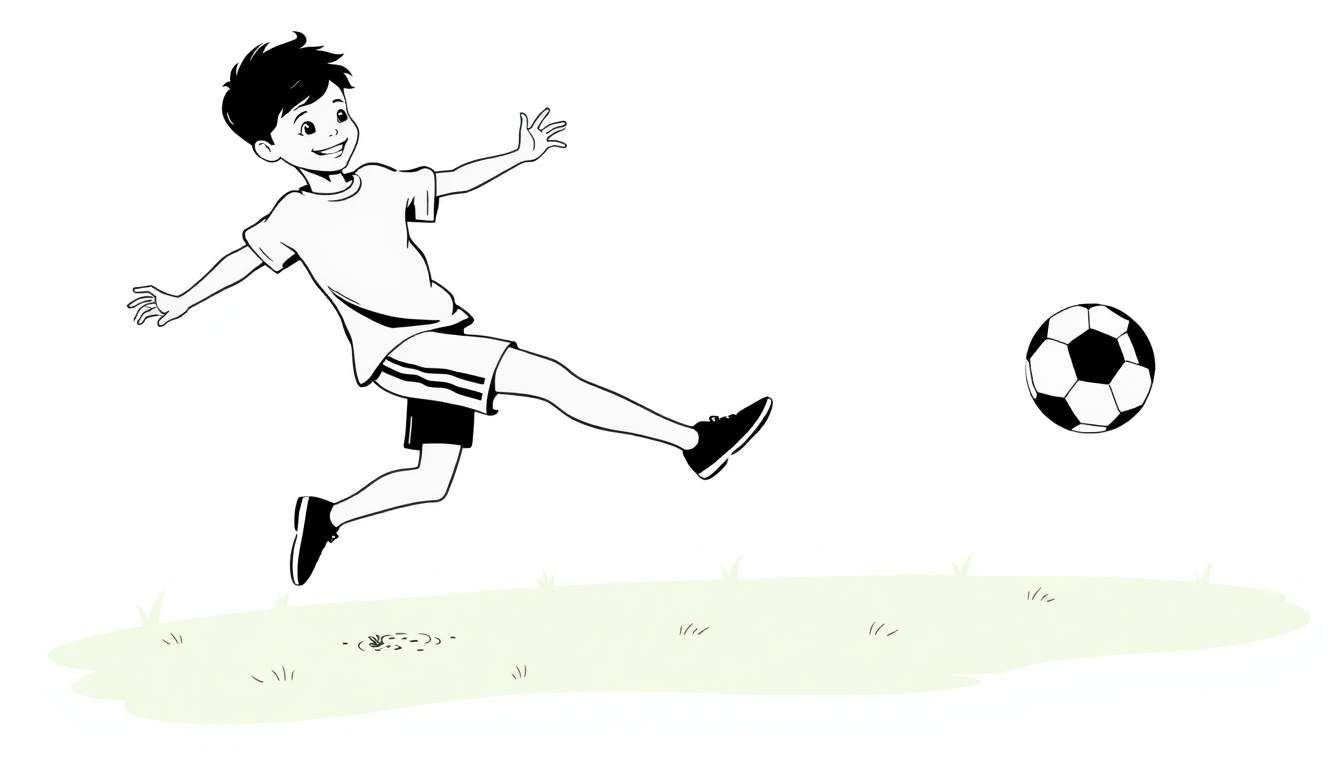 Placa de color: un niño pateando una pelota de fútbol en el aire.