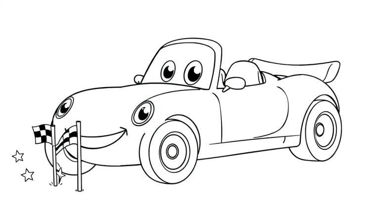 Coche de carreras a color para colorear con banderas y estrellas