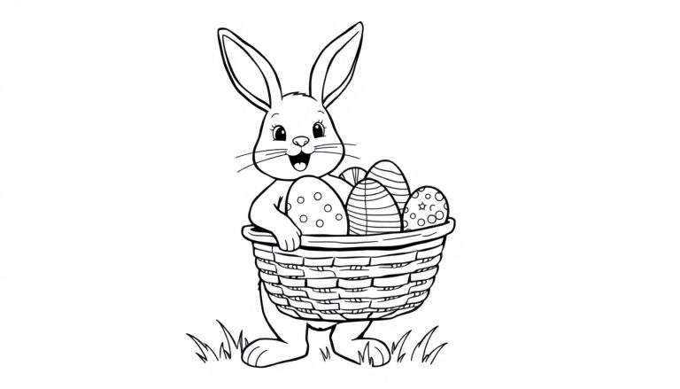 Placa de color de un conejo de Pascua sonriendo con una cesta de huevos decorados.