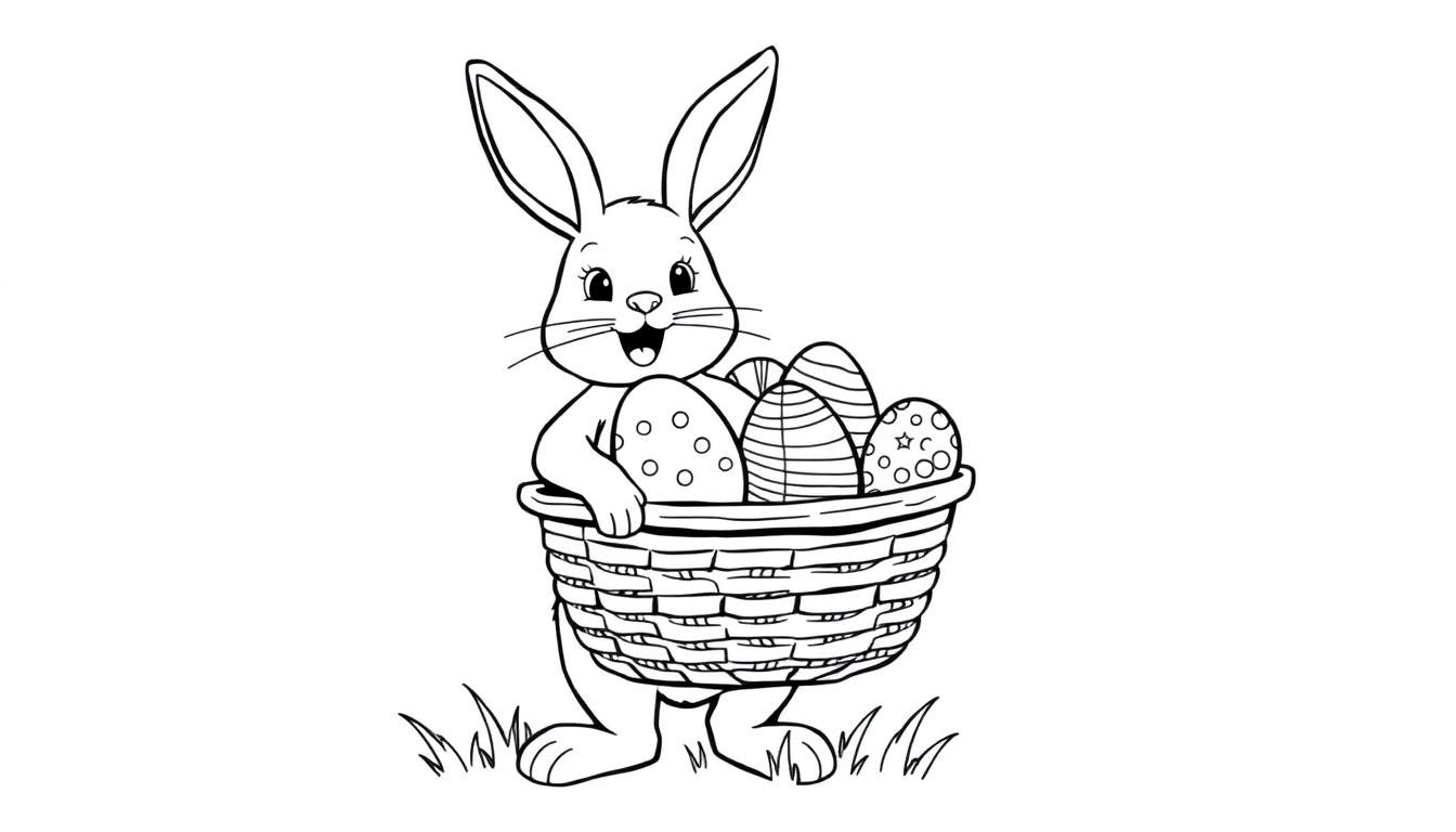 Placa de color de un conejo de Pascua sonriendo con una cesta de huevos decorados.