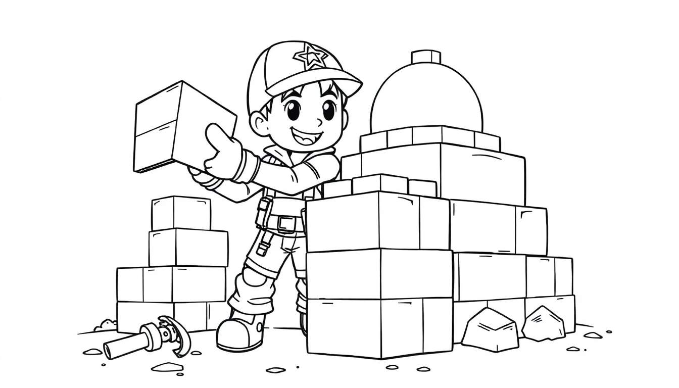 Placa de color: niño caricaturesco jugando a construir una fortaleza con cajas.
