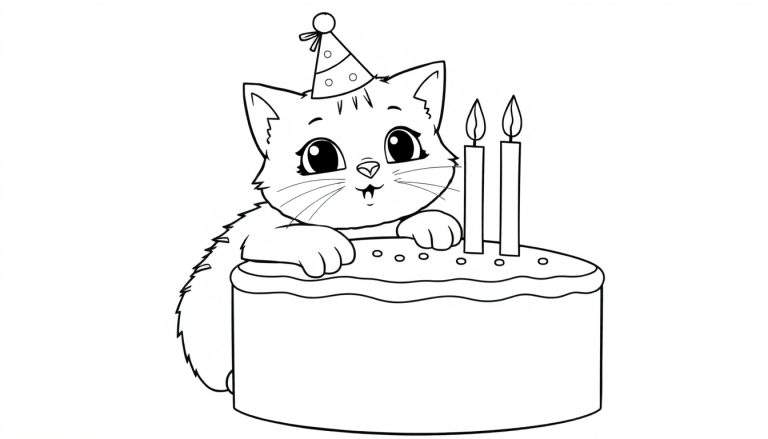 Placa de color de un gatito blanco con gorro de fiesta soplando velas en un pastel de cumpleaños.