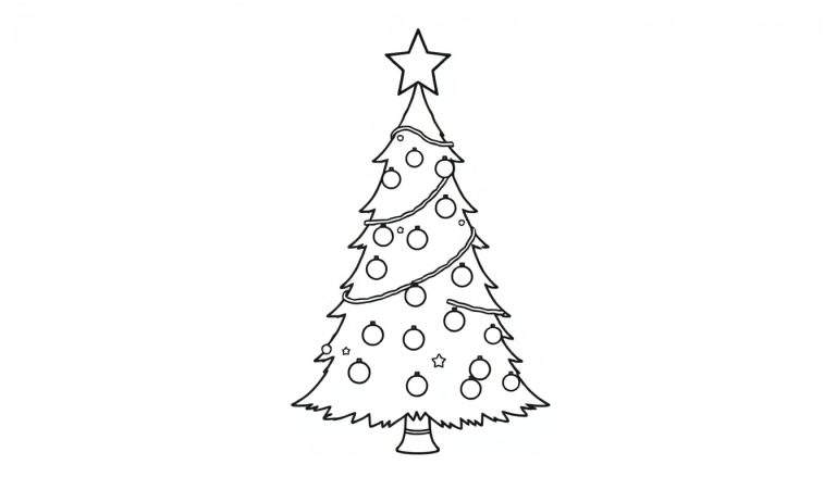 Placa de color para colorear: un árbol de Navidad con adornos y una estrella.