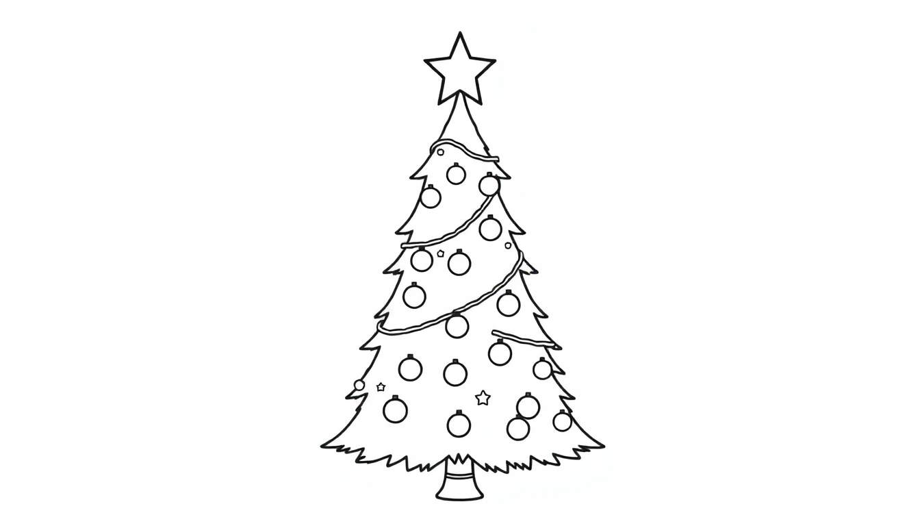 Placa de color para colorear: un árbol de Navidad con adornos y una estrella.