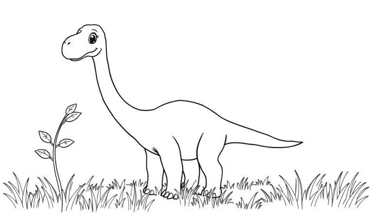 Placa de color de un dinosaurio amigable de cuello largo.