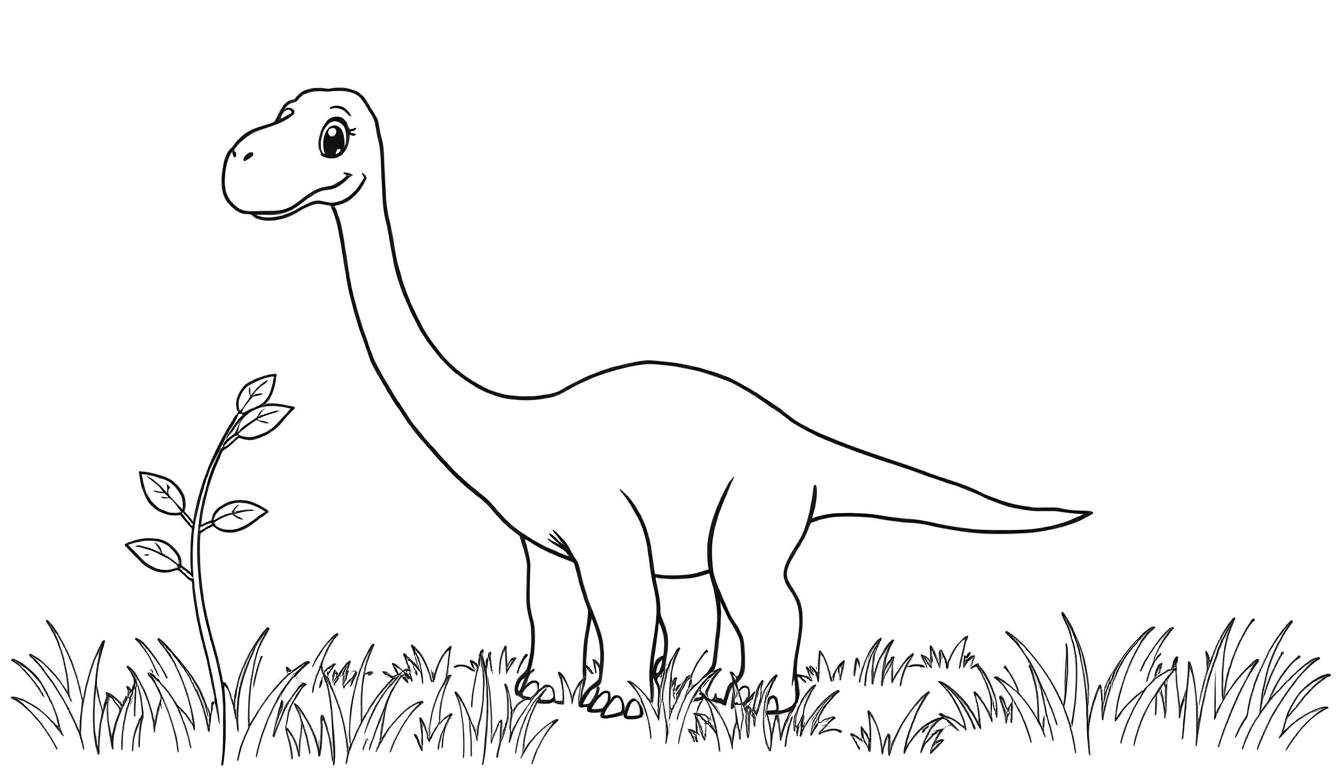 Placa de color de un dinosaurio amigable de cuello largo.