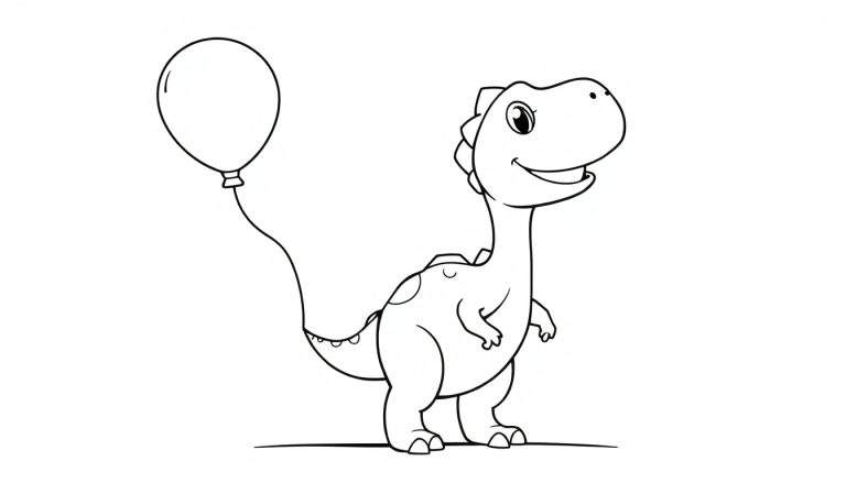 Un dinosaurio T-Rex sonriente con un globo atado a su cola, listo para colorear en una placa.