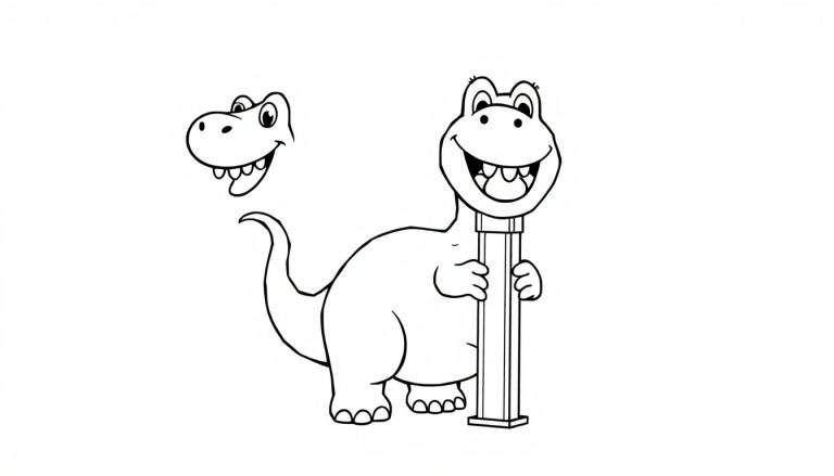 Placa de color de un dinosaurio sonriente sacando un dulce de un dispensador de Pez.