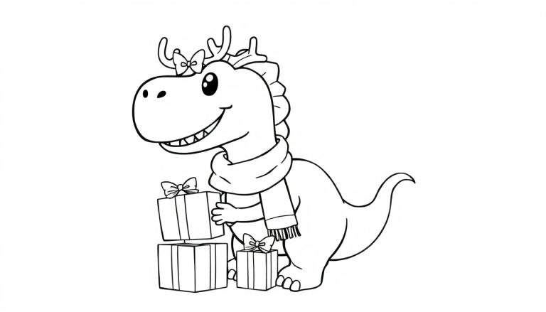 Placa de color de un dinosaurio reno sonriente con regalos.