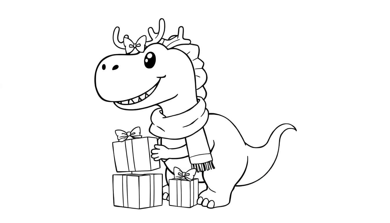 Placa de color de un dinosaurio reno sonriente con regalos.