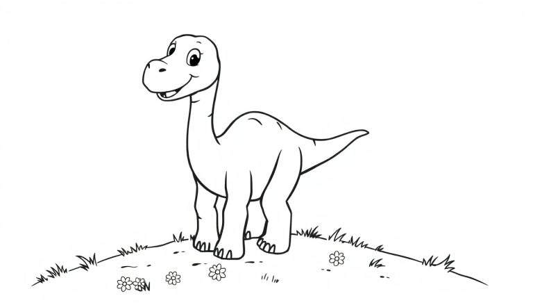 Un dinosaurio de cuello largo sonriente, listo para colorear con la placa de color.