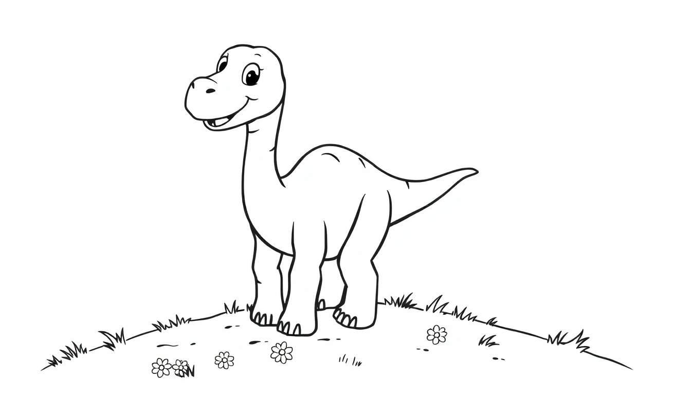 Un dinosaurio de cuello largo sonriente, listo para colorear con la placa de color.