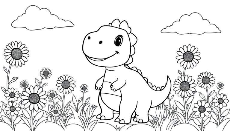Placa de color de un dinosaurio bebé sonriendo rodeado de flores.