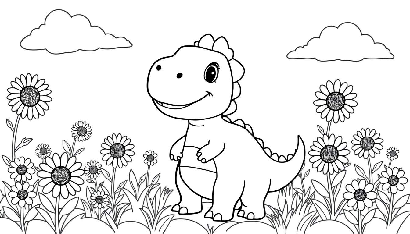 Placa de color de un dinosaurio bebé sonriendo rodeado de flores.