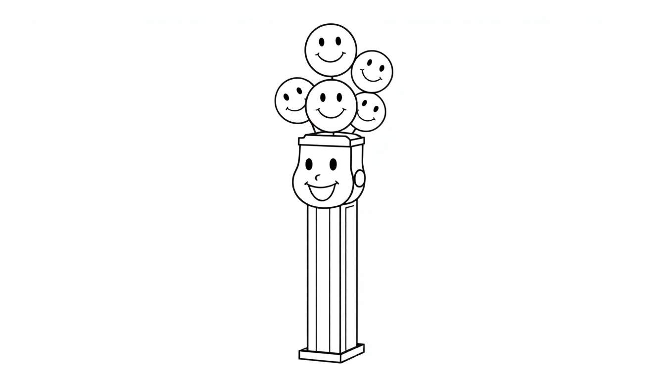 Placa de color de un dispensador PEZ con caritas sonrientes.