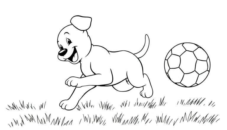 Placa de color: un perrito feliz persiguiendo una pelota de fútbol en el césped.