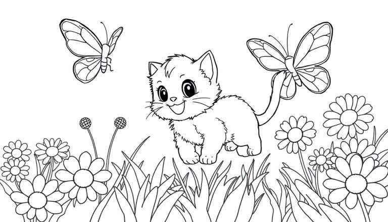 Placa de color con un dibujo lineal de un gatito alegre persiguiendo una mariposa en un campo de flores.